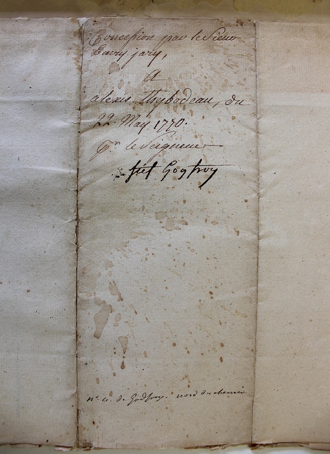 "Concession par le Sieur "Emry jary", a Alexis Thybodeau, du 22 may 1770. par le seigneur Fief Godfroy". Source: Archive du Séminaire de Nicolet. Crédit photo: Archéo-CAD (lire Emery Jarry et Alexis Thibodeau)