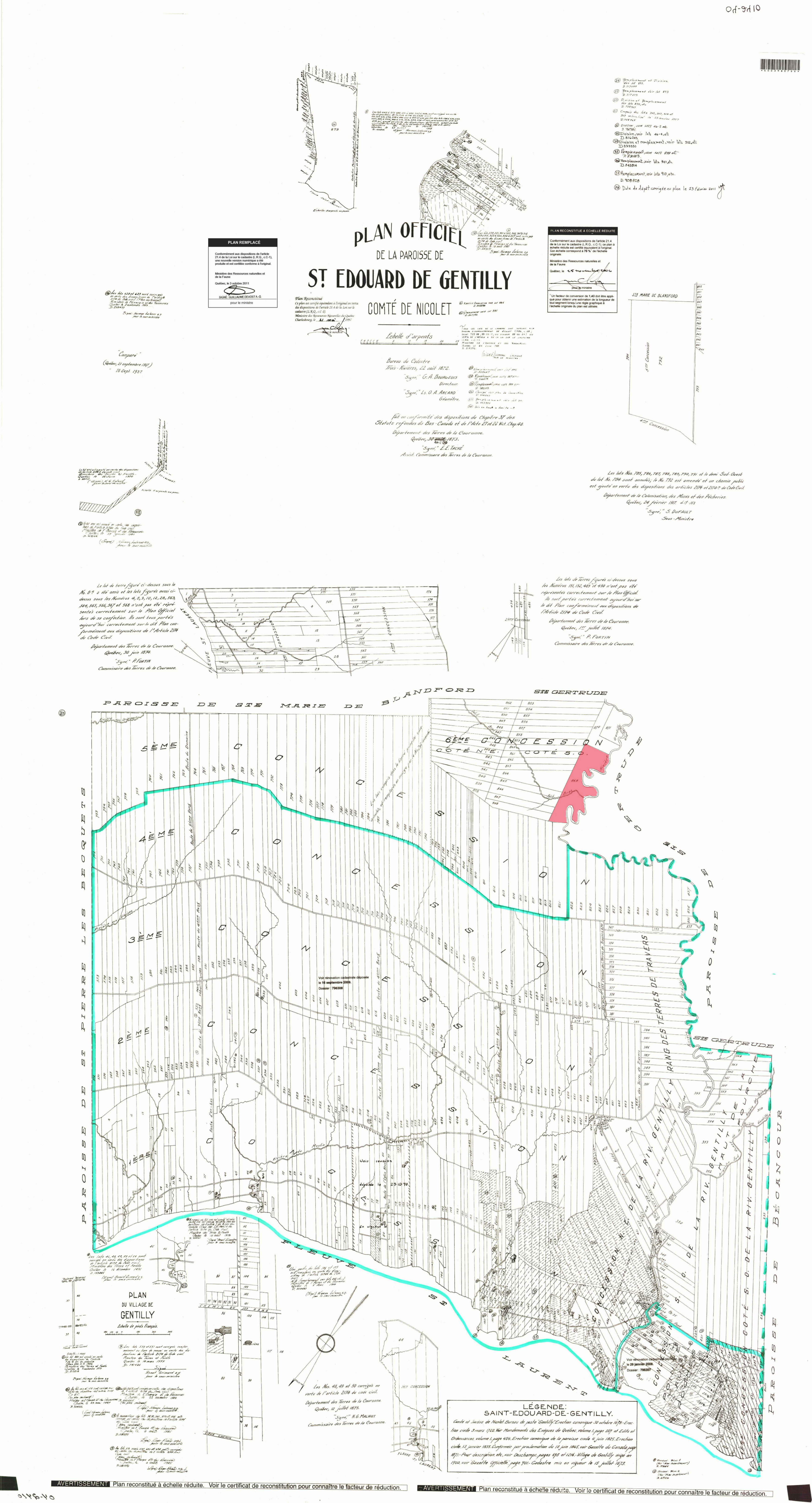 En rouge, le lot 869 de Gentilly. Plan originaire 1873 - Source: Registre Foncier du Québec