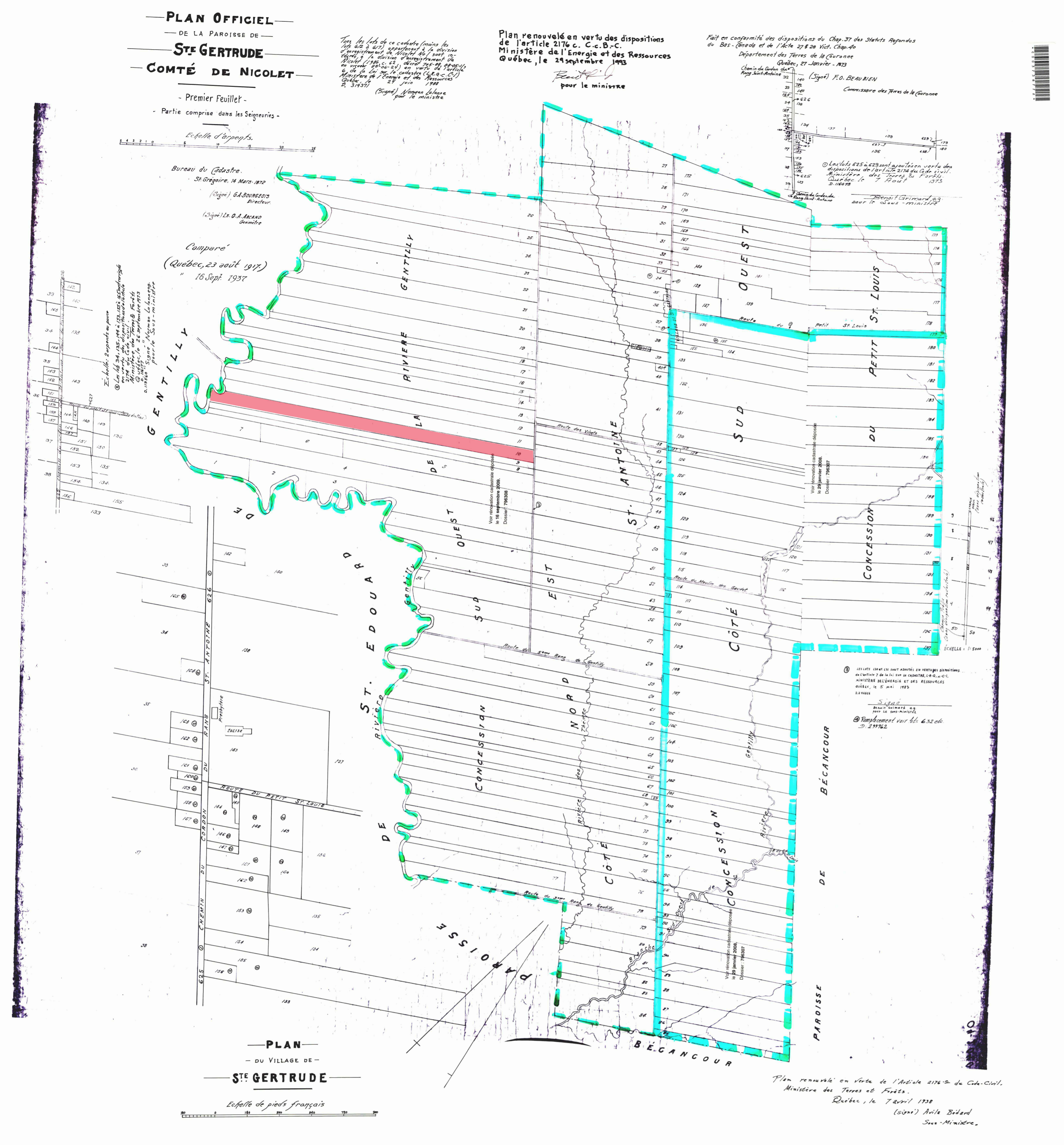 En rouge, le lot 10 de Ste-Gertrude. Plan originaire 1872 - Source: Registre Foncier du Québec